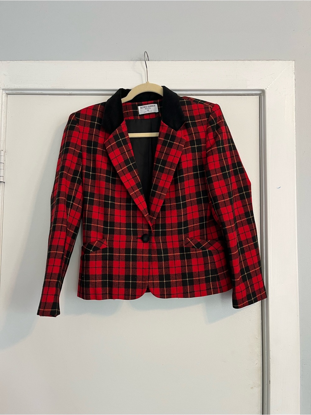 Alfred Dunner Vintage Red Black Plaid Blazer suede Black Collar wool 6 petite